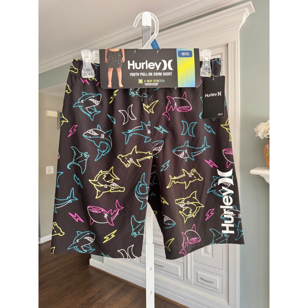 NWT Hurley Youth Boys Swim Shorts Black Neon Shark Print Stretch 10/12